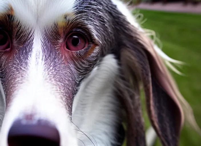 Image similar to a photo of a borzoi dogs face, fisheye lens