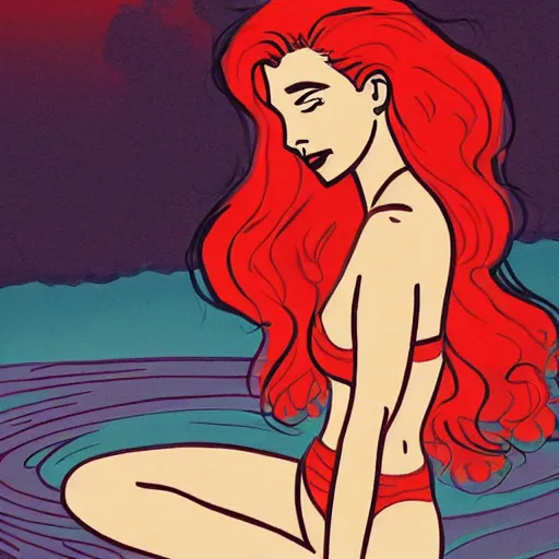 Prompt: a beautiful comic book illustration of a woman with long red hair sitting near a lake at night by darwyn cooke, featured on artstation