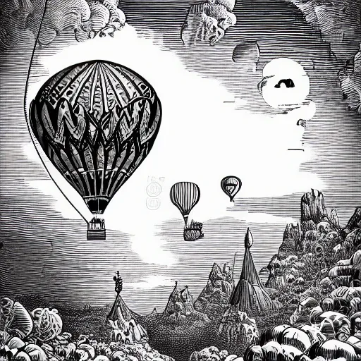 Prompt: a small victorian air balloon over a fantasy landscape, line art illustration by joe fenton , black and white, intricate details