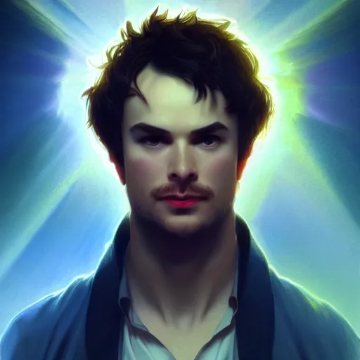 Prompt: ian somehalder posing, warm volumetric lighting, cosmic, symmetric, highly detailed, elegant, concept art, heavenly, god rays, intricate, sharp focus, illustration, alexandros pyromallis, bouguereau, rutkowski, artgerm, alphonse mucha