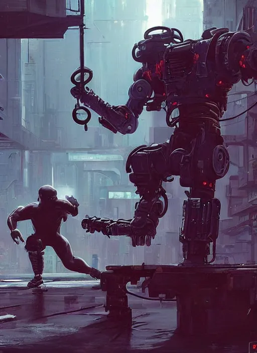 Prompt: Tough Gregory. Buff cyberpunk meathead fighting a small robot. Realistic Proportions. Epic painting by James Gurney and Laurie Greasley. Moody Industrial setting. ArtstationHQ. Creative character design for cyberpunk 2077.