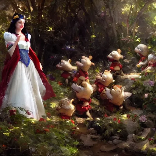 Image similar to close up of snow white and the 7 dwarfs, cinematographic shot, by daniel f. gerhartz