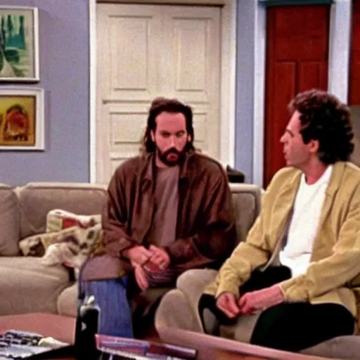 Prompt: Photo still of Jesus Christ in 1990s clothing talking with Kramer in Jerry Seinfeld's apartment, in the style of the TV show Seinfeld (1994)