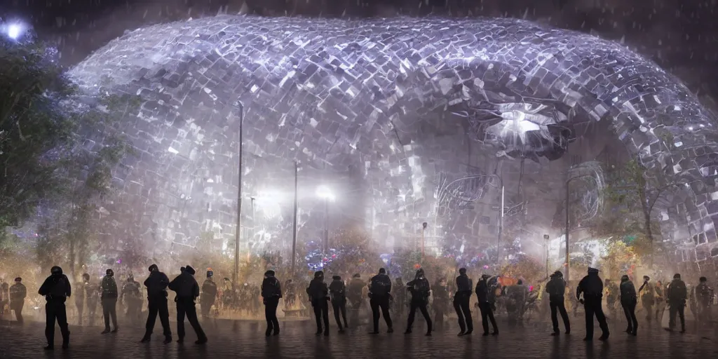 Image similar to policemen protecting a huge spiral - shaped bright white luminous attractor right in the center of the city from protesting people,, rain and light fog, professional lighting, concept art in 3 d, high detail, professional lighting, unreal engine