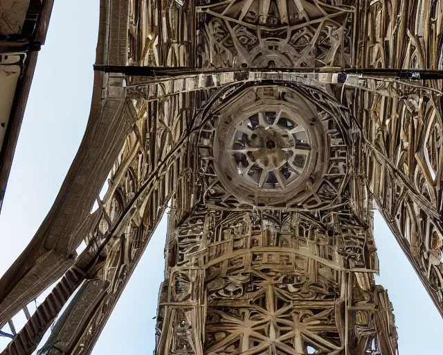 Image similar to The inside of a tall tower, interior, low angle, looking up, imposing composition, detailed