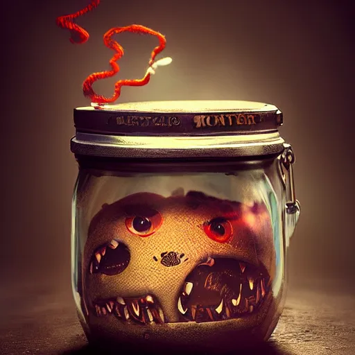 Image similar to cute monster in a jar by Greg Rutkowski, product photography, centered, studio lightning