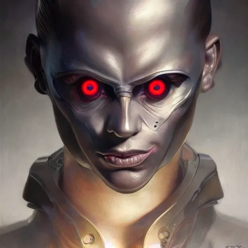 Image similar to portrait, augmented with technology cybernetic villain, red cybernetic eye, stern expression, elegant, highly detailed, digital painting, artstation, concept art, smooth, sharp focus, illustration, artgerm, tomasz alen kopera, peter mohrbacher, donato giancola, joseph christian leyendecker, wlop, frank frazetta