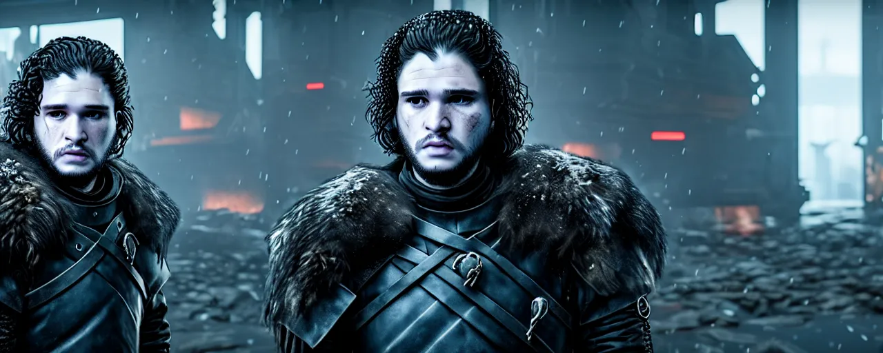 Prompt: Jon Snow, Game of Thrones, in CyberPunk 2077, as a cyberpunk dystopia, 4k highly detailed digital art 4k highly detailed digital art