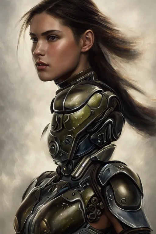 Prompt: a photorealistically painted portrait of an attractive young girl, partially clothed in cybernetic battle armor, with an abstractly painted background, flawless olive skin, fair complexion, long dark hair, beautiful bone structure, perfectly symmetric facial features, perfect photorealistic eyes, natural physique, intricate, elegant, digital painting, concept art, finely detailed, beautifully illustrated, sharp focus, minimal artifacts, volumetric lighting, from Metal Gear, by Ruan Jia and Mandy Jurgens and Artgerm and William-Adolphe Bouguerea, in the style of Greg Rutkowski, trending on Artstation, award winning art