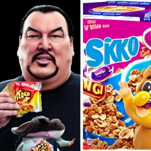 Prompt: obese steven seagal as sponsor of a sugary cereal called aikidos! with mischievous cartoon rat mascot