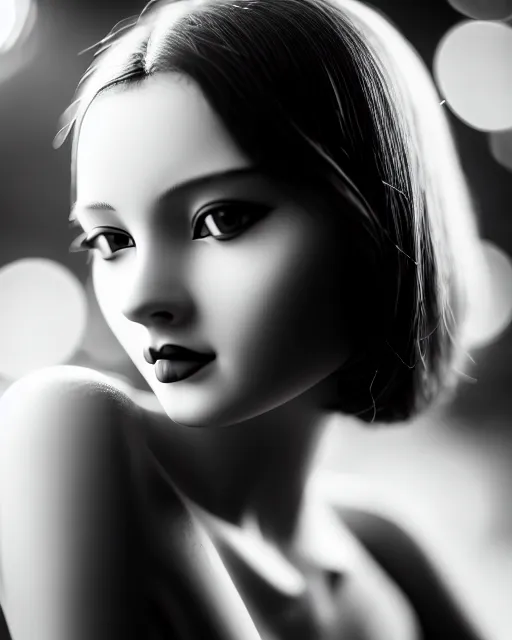 Image similar to black and white dreamy young beautiful female artificial intelligence, cinematic, rim light, bokeh, photo - realistic, elegant, high detail, 8 k, masterpiece, photo taken in 1 9 3 0