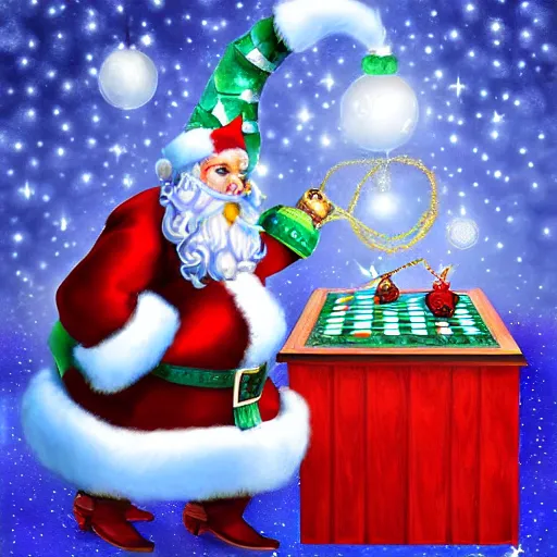 Image similar to blue santa playing checkers against a christmas themed dragon, digital art, highly detailed,