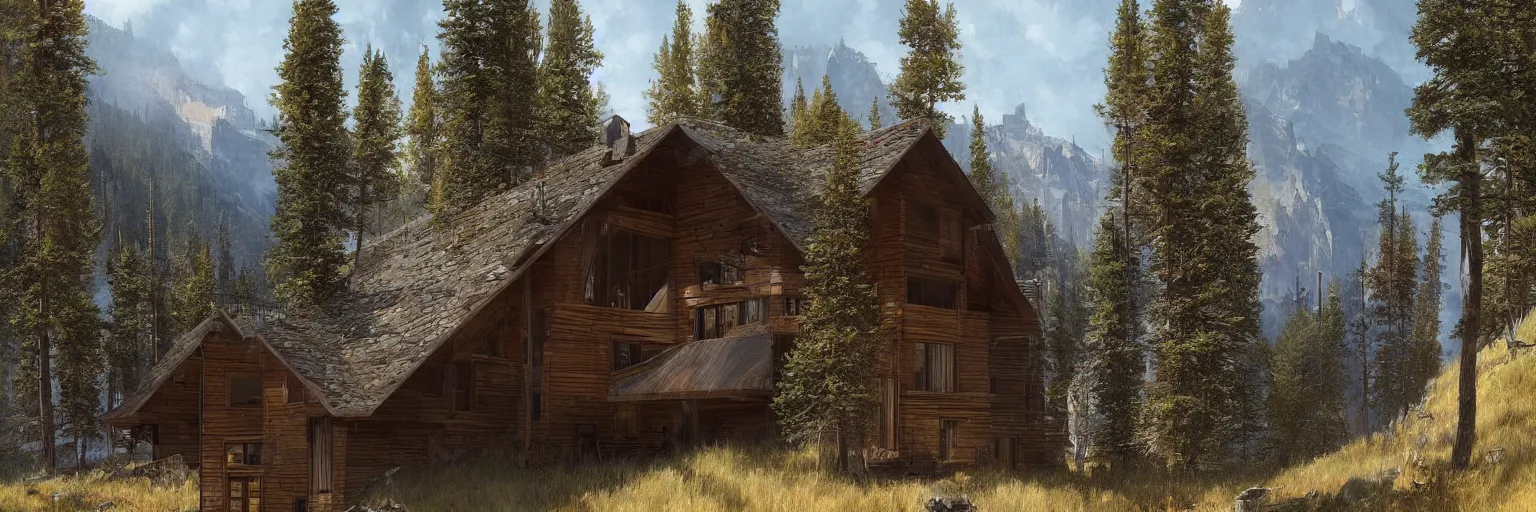 Prompt: a modern home on the side of a mountain in yellowstone national park, 8k, james gurney, greg rutkowski, john howe, artstation