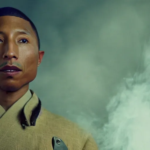 Image similar to cinematic film still Pharrell Williams starring as a Samurai holding fire, Japanese CGI, VFX, 2003, 40mm lens, shallow depth of field,film photography