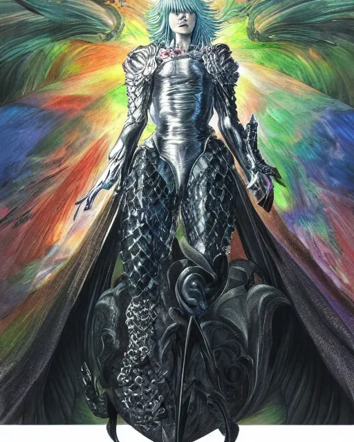 Prompt: realistic detailed image of ultra wrathful rainbow diamond iridescent mega griffith from berserk, depth perception, depth of field, action horror by ayami kojima, neo - gothic, gothic, part by adrian ghenie and gerhard richter. art by kentaro miura. masterpiece