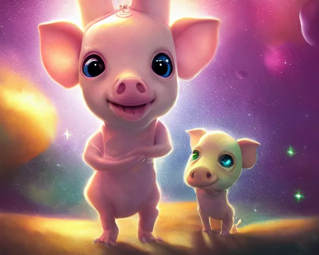 Image similar to 3D Fantasy Cute and adorable space piglet princess, huge adorable eyes, bright stars, Smooth 3D Illustration, soft render, Servando Lupini, Daniil Kudriavtsev, handpaint texture, Blender, 3DCoat