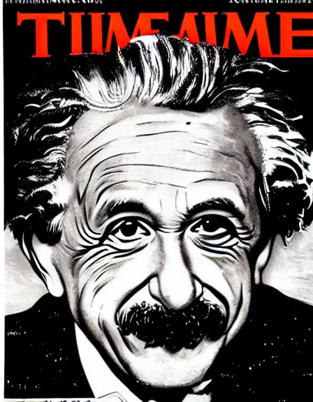 Prompt: cover of TIME magazine with the detonation of an atom bomb and the portrait of Albert Einstein