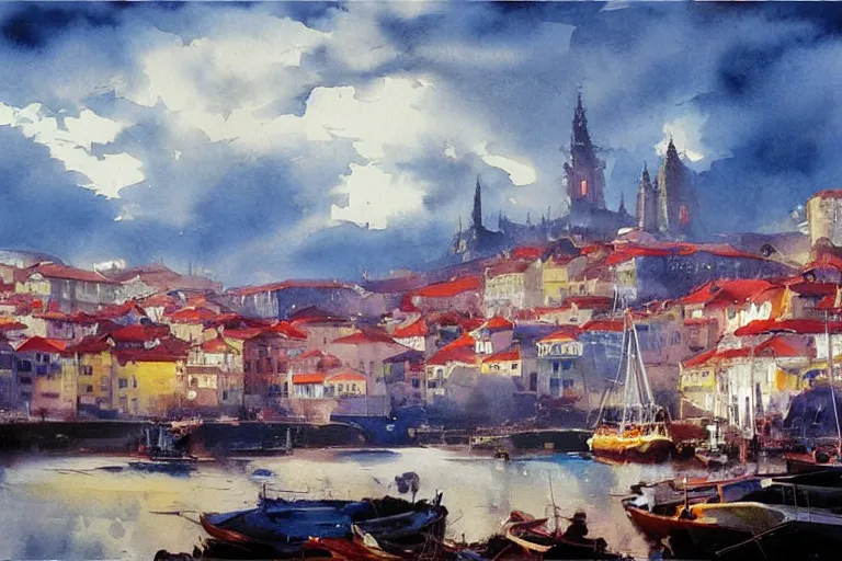 Image similar to small centered on watercolor paper, paint brush strokes, abstract watercolor painting of porto in bright daylight, tall clouds, cinematic light, national romanticism by hans dahl, by jesper ejsing, by anders zorn, by greg rutkowski, by greg manchess, by tyler edlin