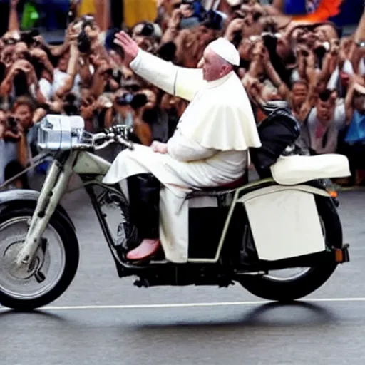 Image similar to pope francis doing a wheelie on a motorcycle with one hand and behind him muhammad