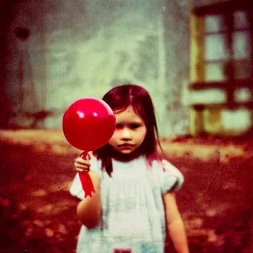 Prompt: dystopian grunge disposable camera photo of little girl holding a red balloon | horror | nightmare