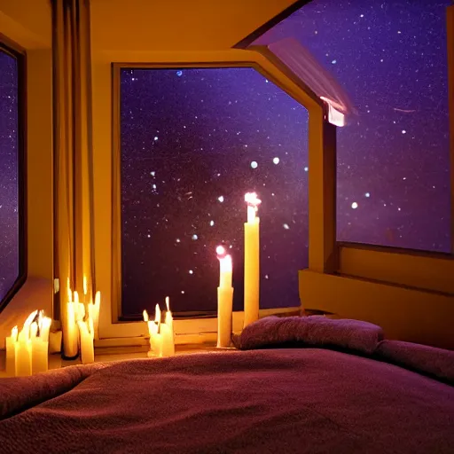 Prompt: wide-angle detailed photograph of candles glowing dim in a futuristic bedroom with a window looking out onto a space station