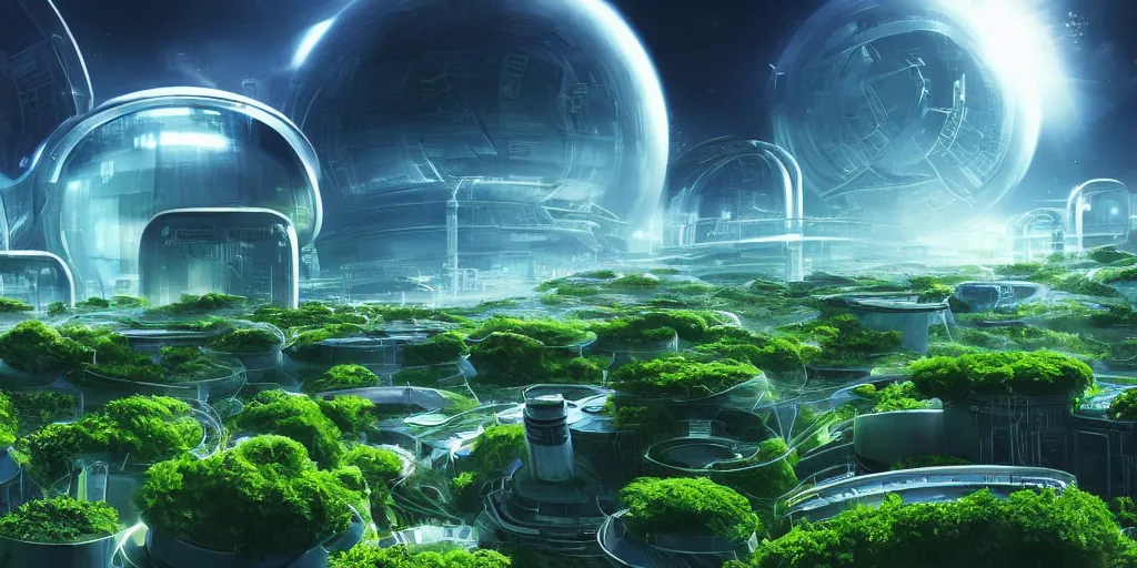 Prompt: beautiful scifi power plant, limitless energy inside, white city far away, blue sky, alien round shape, green plants, futuristic, magical feeling, detailed, digital art