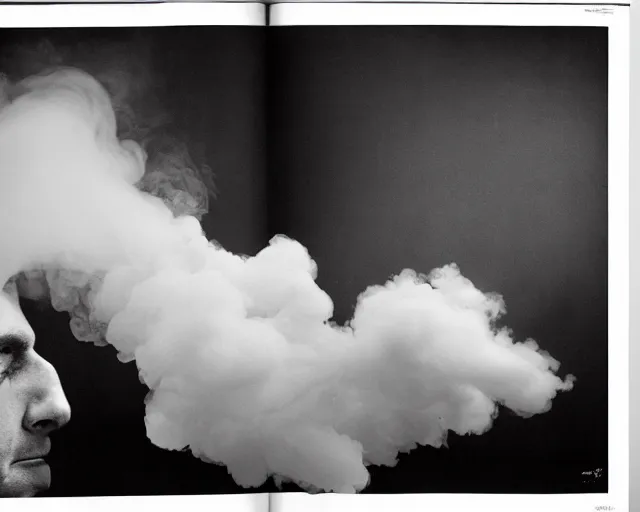 Image similar to a man who's head is turning into a puff of smoke, annie liebowitz, black and white