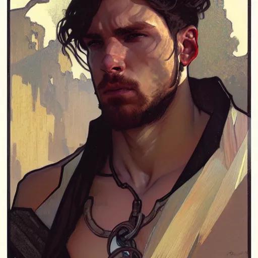 Prompt: portrait of depressed chad, male, muscular, handsome D&D, concept art, art by Greg Rutkowski and Alphonse Mucha