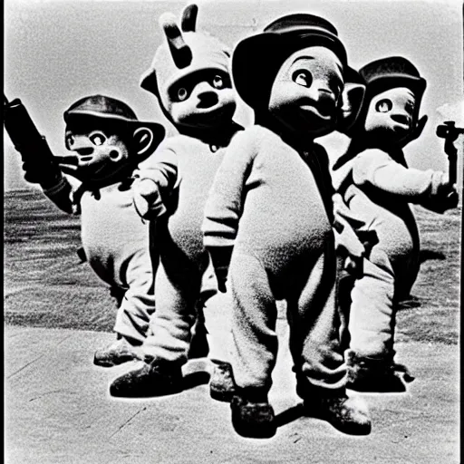 Prompt: “a film photograph of the teletubbies as 1940s gangsters with guns, dramatic lighting, 4k, highly detailed”
