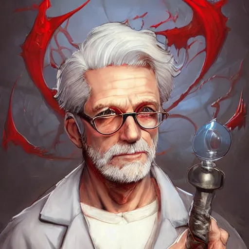 Prompt: a wise human male professor with grey hair with a streak of red, spectacles, white lab coat, dnd character art portrait, matte fantasy painting, deviantart artstation, by jason felix by steve argyle by tyler jacobson by peter mohrbacher by paul hedley, cinema