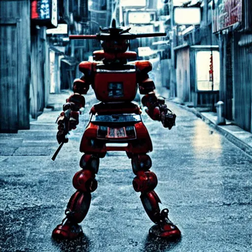 Prompt: a samurai robot with wheel legs gripping a perfectly detailed katana in their hand with a badass pose. Rainy Grungy neon cyberpunk alleyways in the background Badass pose , Photo realistic , Gregory Crewdson , Award winning. Masterpiece, exquisite detail, post processing