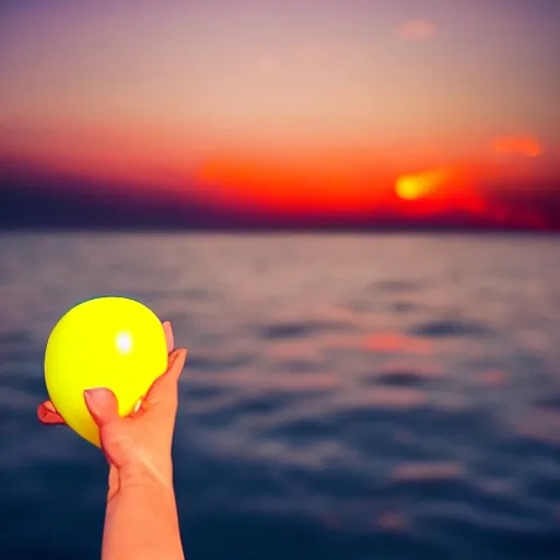 Image similar to album art of a human hand with five fingers holding a yellow balloon sticking out of the ocean with a red sky in the background by chris bilheimer