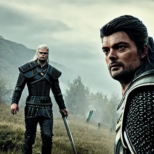 Image similar to karl urban as the witcher, 4 k, epic, cinematic, focus, movie still, fantasy, serious, extreme detail, atmospheric, dark colour