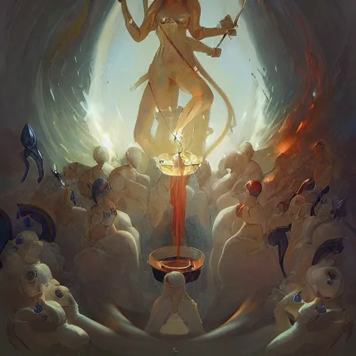 Image similar to angelical time keepers performing a ritual of planetary sacrifice, digital art, artstation by peter mohrbacher and greg rutkowski