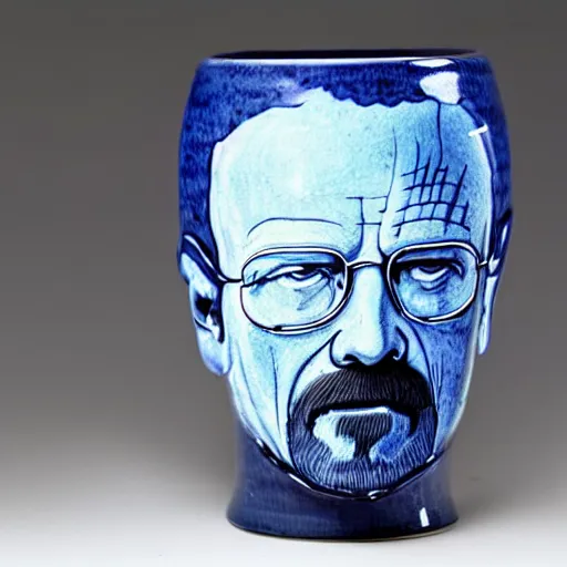 Image similar to a delft blue vase with walter white making meth depicted on it