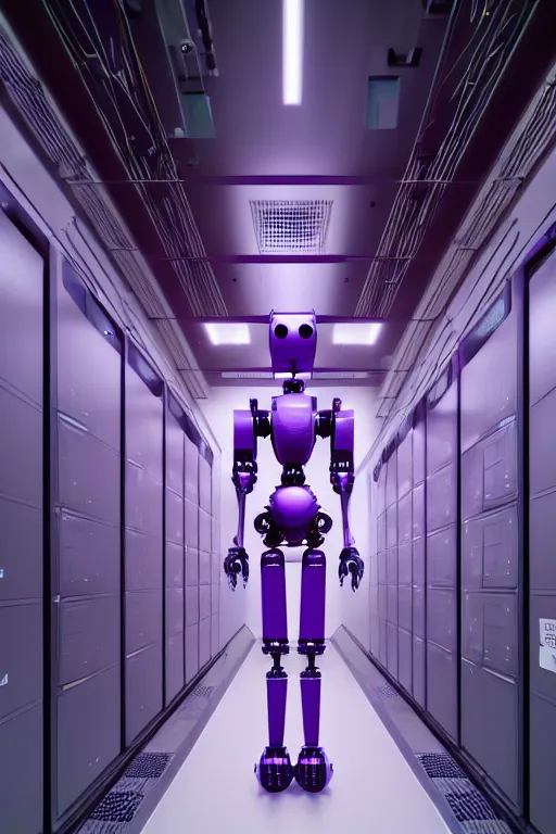 Image similar to hyperrealistic medium shot robot! in data center server building highly detailed concept art eric zener elson peter cinematic hard purple lighting high angle hd 8 k sharp shallow depth of field, inspired by david paul cronenberg and zdzisław beksinski