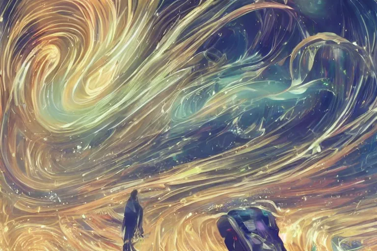 Prompt: an impression of data lines flowing in space, light spots flowing alongside the lines, implying the flow of ever long connection, trending on artstation, flowing within an interstater clouts!, making it's way across the vast universe, by cyril rolando