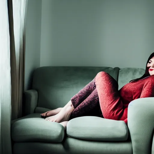 Prompt: woman on a sofa in cosy atmosphere, photo by georgy chernyadyev