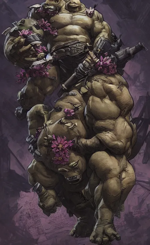 Image similar to rocksteady from tmnt, rhino, rugged, handsome, male, atmospheric lighting, amazing, full body, thighs, armpit, flowers, muscular, intricate, highly detailed, digital painting, deviantart, concept art, sharp focus, illustration, art by greg rutkowski and alphonse mucha