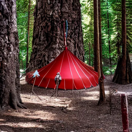 Prompt: « a circus tent engraved on a tree in the alp forest »