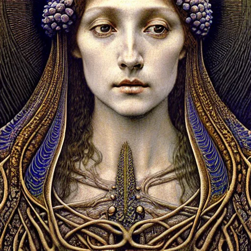 Image similar to detailed realistic beautiful young medieval queen face portrait by jean delville, gustave dore, zdzisław beksinski and marco mazzoni, art nouveau, symbolist, visionary, gothic, pre - raphaelite, art forms of nature by ernst haeckel, memento mori