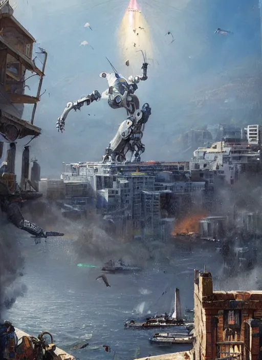 Image similar to hyper realistic robot attacking cape town city harbor beautiful details, strong composition, poster painted by weta studio rutkowski, james gurney and greg rutkowski, and lucasfilm