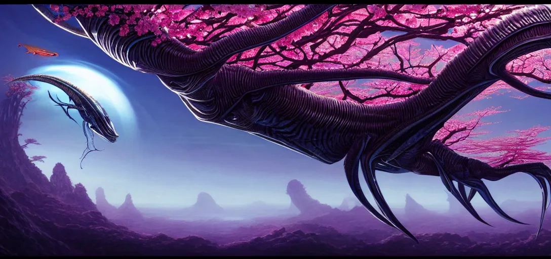 Image similar to photo of an alien fish in the style of roger dean, realistic, sharp focus, 8 k high definition, insanely detailed, intricate, elegant, art by greg rutkowski and artgerm, extreme blur cherry blossoms background