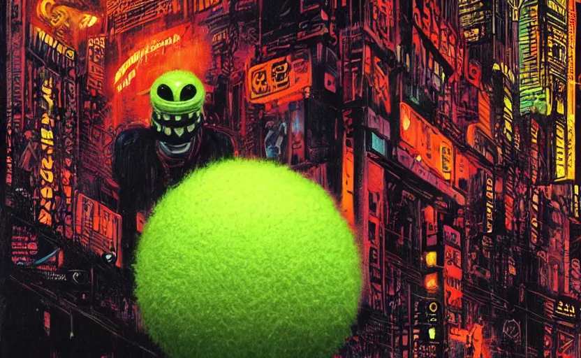 Image similar to a tennis ball monsters in blade runner, colorful, digital art, fantasy, magic, chalk, trending on artstation, ultra detailed, professional illustration by basil gogos