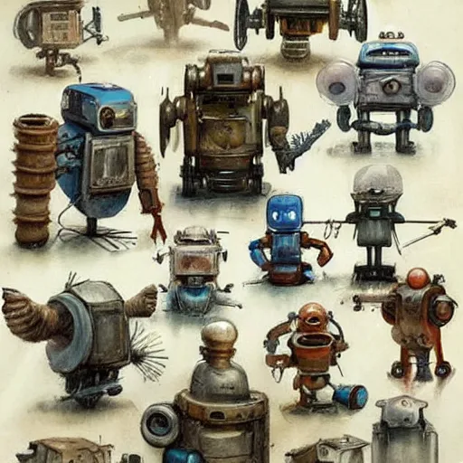 Image similar to cluttered inventors workshop full of robots . muted colors. by Jean-Baptiste Monge !!!!!!!!!!!!!!!!!!!!!!!!!!!