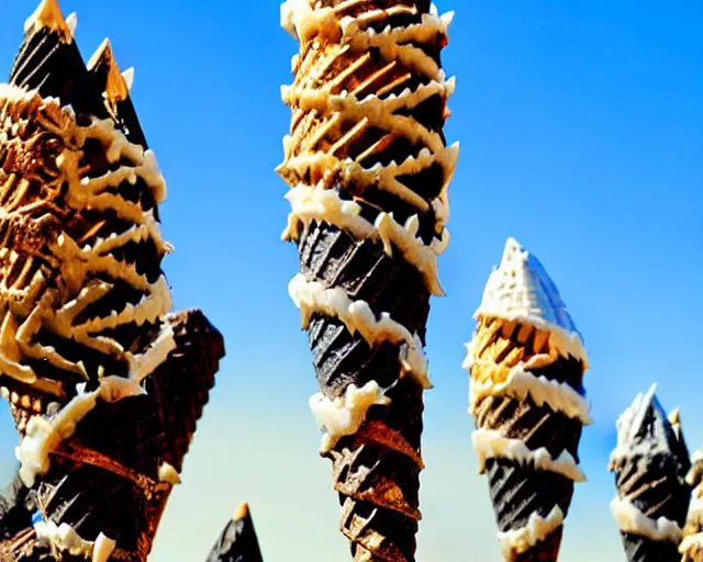 Image similar to wise zule elder has a sharp line of teeth. the zule tribal warrior like ice cream cones. sunny scene in southern california.