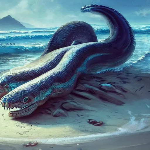 Image similar to a dying beached sea serpent washing up on the shore of a beach concept art by jaime jones, cgsociety, fantasy art, concept art, artstation hd, deviantart hd. masterpiece