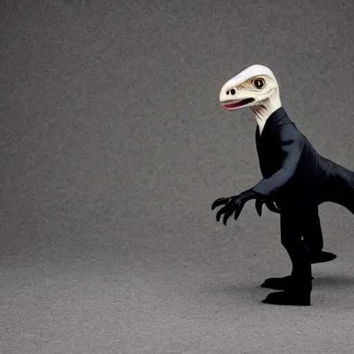 Prompt: a velociraptor wearing a business suit