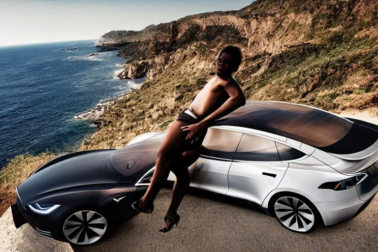 Image similar to photo of a gorgeous black model lounging on a Tesla on a cliff on the ocean By Emmanuel Lubezki