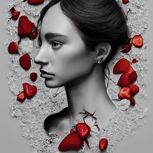 Image similar to the portrait of an absurdly beautiful, graceful, elegant, sophisticated, fashionable young woman made of strawberries and white petals with tears, an ultrafine hyperdetailed illustration by kim jung gi, irakli nadar, intricate linework, bright colors, octopath traveler, final fantasy, unreal engine 5 highly rendered, global illumination, radiant light, detailed and intricate environment